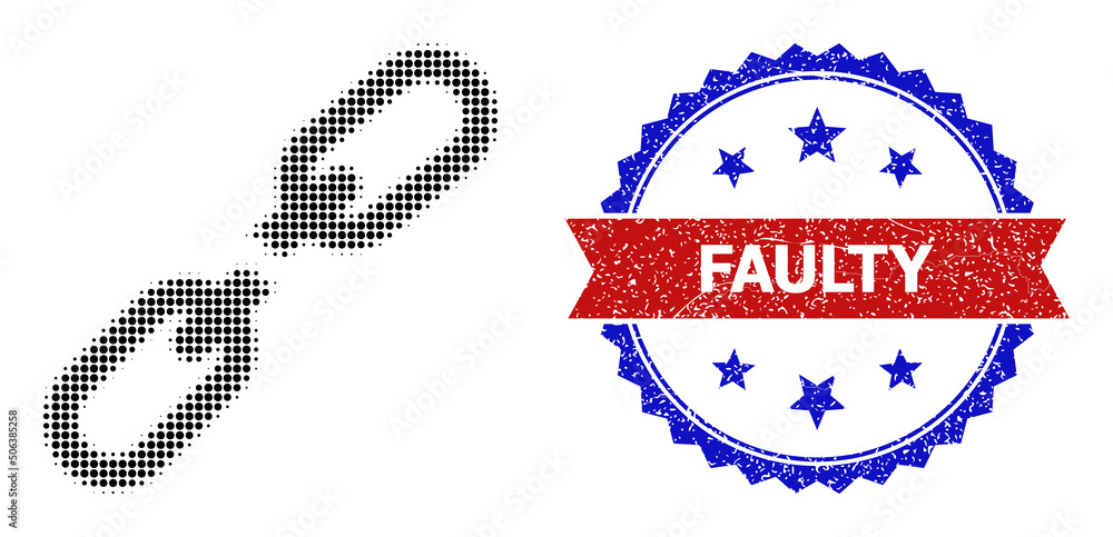 Poster halftone chain crash icon, and bicolor grunge faulty watermark. halftone chain crash icon is generat