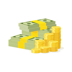 A large pile of cash coins and banknotes, vector illustration. Accumulated savings. Monetary capital.