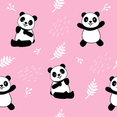 Obraz premium Cute Panda Seamless Pattern Background, Cartoon Panda Bears Vector illustration, Creative kids for fabric, wrapping, textile, wallpaper, apparel.