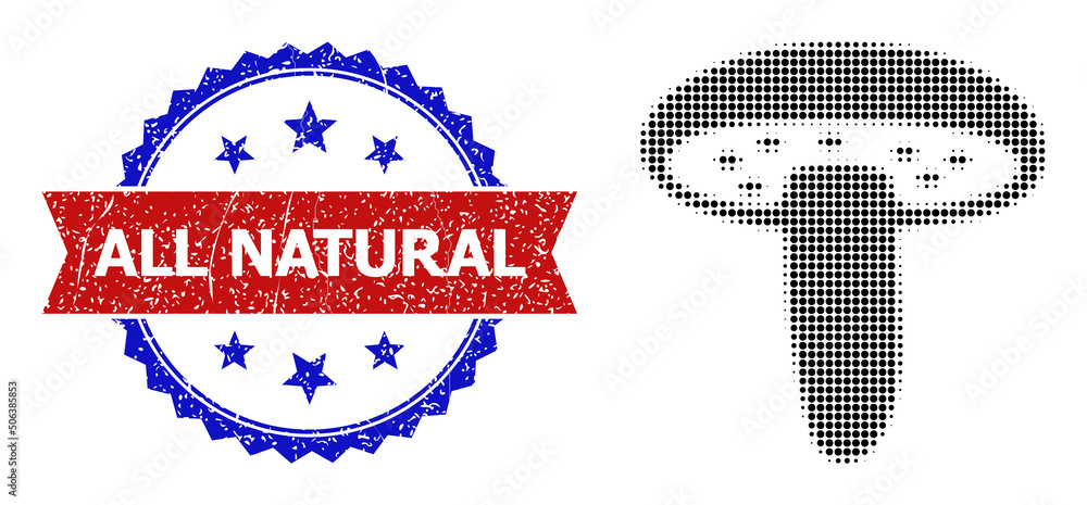 Poster halftone mushroom icon, and bicolor unclean all natural seal. halftone mushroom icon is made with sm