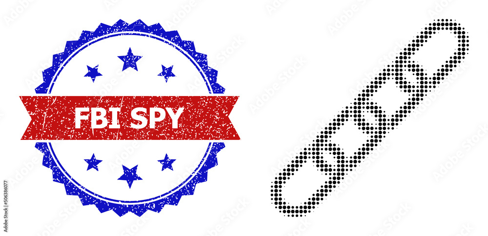 Poster halftone chain icon, and bicolor grunge fbi spy seal. halftone chain icon is made with small circle 