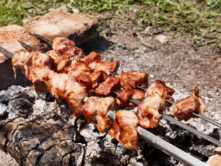 Cooking meat skewers on an open fire. Summer vacation outside the city.