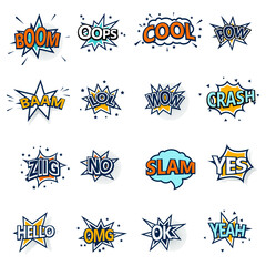 Collection of multicolored comic sound effects. Vector