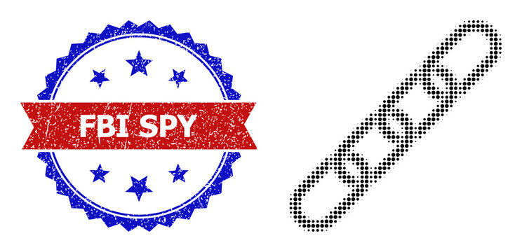 Halftone chain icon, and bicolor grunge FBI Spy seal. Halftone chain icon is made with small circle pixels. Vector seal with grunge bicolored style, FBI Spy text inside red ribbon and blue rosette.