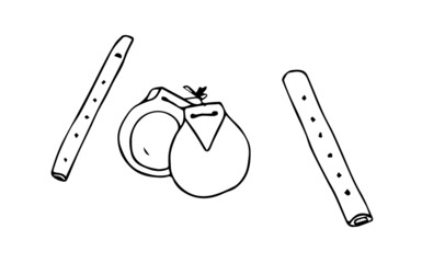 Spanish castanets and flutes. Objects, musical instruments. Black and white basic hand drawn cartoon style vector illustration. - obrazy, fototapety, plakaty