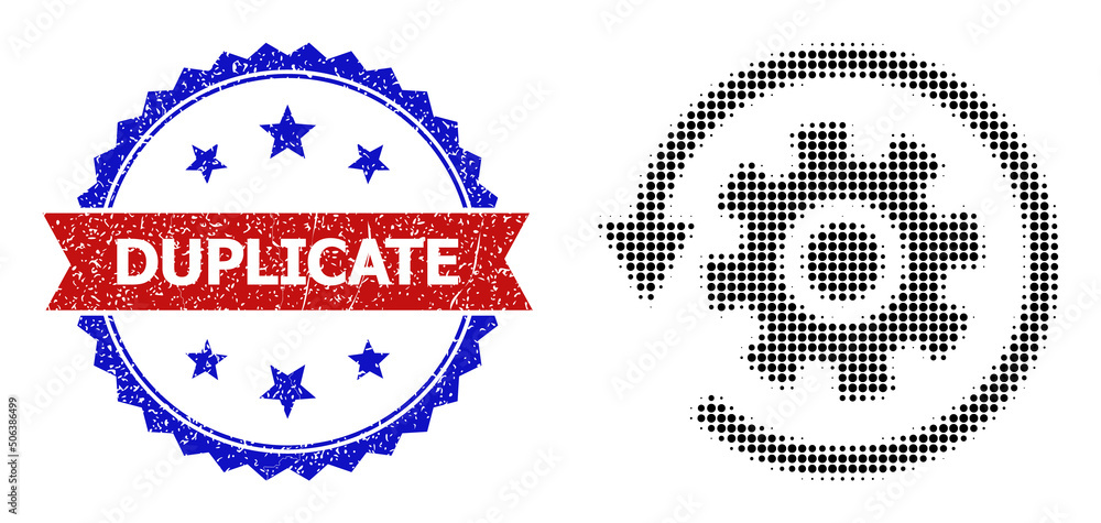 Poster Halftone gear rotation icon, and bicolor grunge Duplicate seal stamp. Halftone gear rotation icon is made with small spheric points. Vector seal with scratched bicolored style,