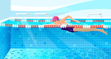 Active healthy strong young woman, girl swimmer swimming pool, glasses, sport swim suit water, finish, competition, training fitness club, gym, workout. Freestyle speed swimming. Vector illustration