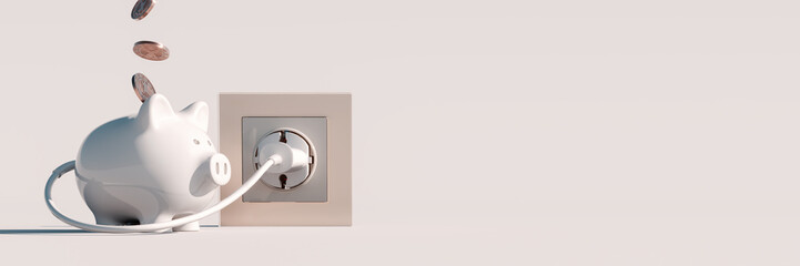Piggy bank plugged into electrical outlet. Power saving concept background. 3D Rendering, 3D...