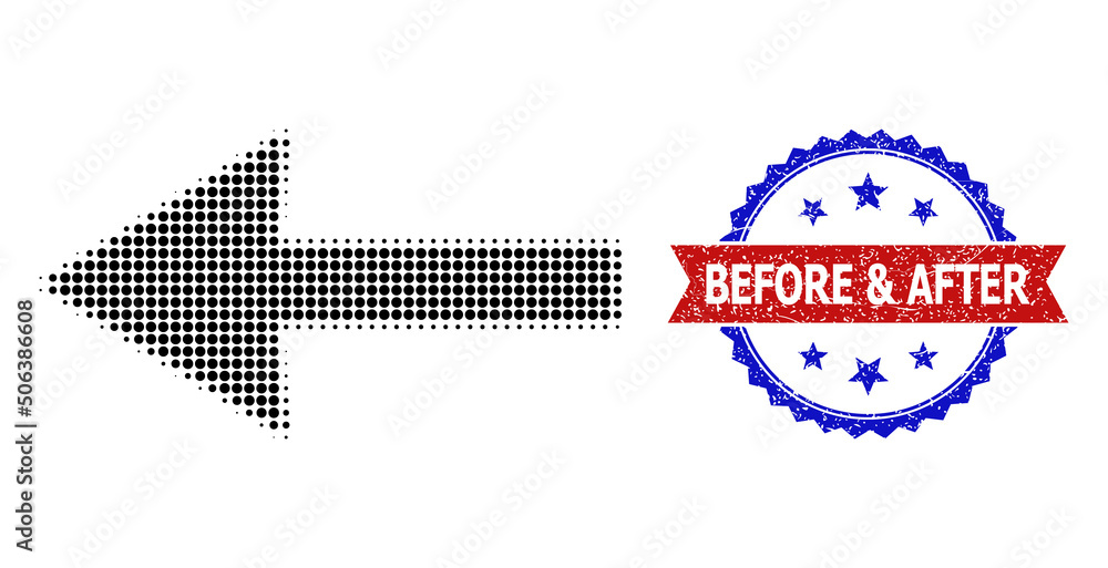Poster halftone left arrow icon, and bicolor scratched before & after seal. halftone left arrow icon is mad
