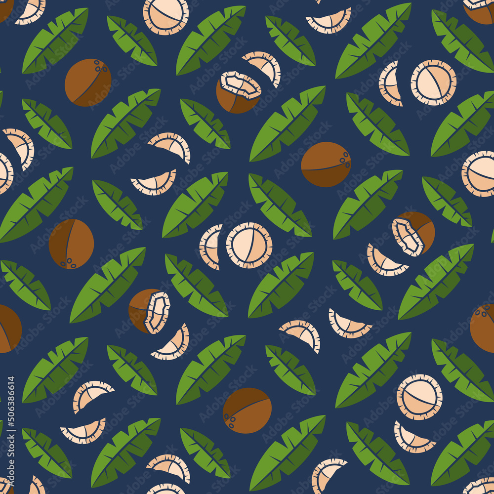 Poster seamless pattern with palm leaves and coconuts. tropical vector background with isolated objects.