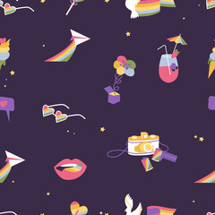 Vector set of LGBTQ community symbols and icons. Seamless parten for Pride Month decorations.