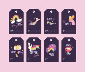 Vector LGBTQ template tags for gift and presents with attributes and love symbols. Pride Month decorations labels.