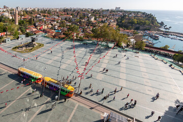 Aerial view of Antalya Cumhuriyet Square and old tram on a sunny day