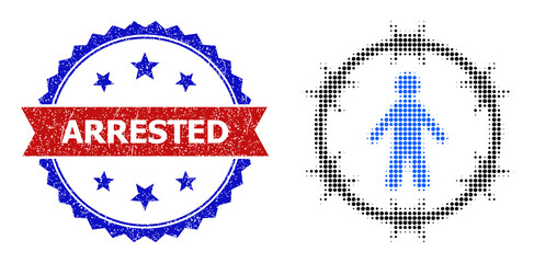 Halftone arrested man icon, and bicolor grunge Arrested watermark. Halftone arrested man icon is constructed with small round points. Vector watermark with grunge bicolored style,