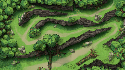 A combat adventure map for the dungeons and Dragons board game, it features a rocky, ornate uphill climb through a wilderness with green grass, rocky ledges and trees. 2d art - 506387863
