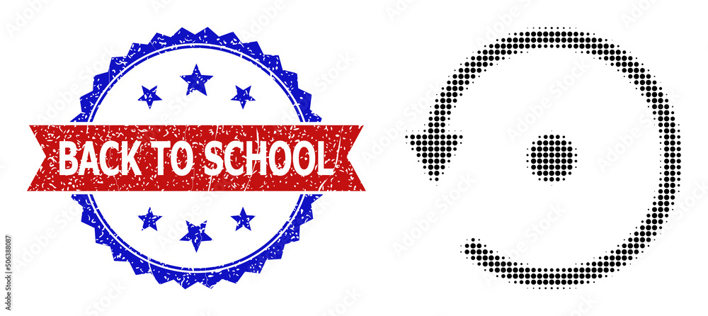 Poster halftone rotate left icon, and bicolor rubber back to school watermark. halftone rotate left icon is