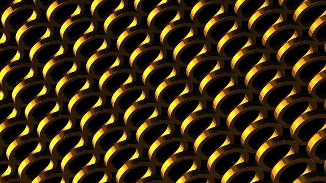 Abstract wavy moving golden metallic shapes animation. Metal elements forming interresting surface pattern. Seamless looping animation.