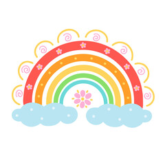 Cute rainbow with flowers. Vector Illustration for printing, backgrounds, covers, packaging, greeting cards, posters, stickers, textile and seasonal design. Isolated on white background.