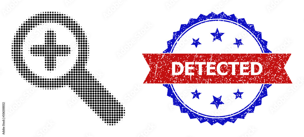 Poster halftone zoom in icon, and bicolor textured detected seal. halftone zoom in icon is generated with s