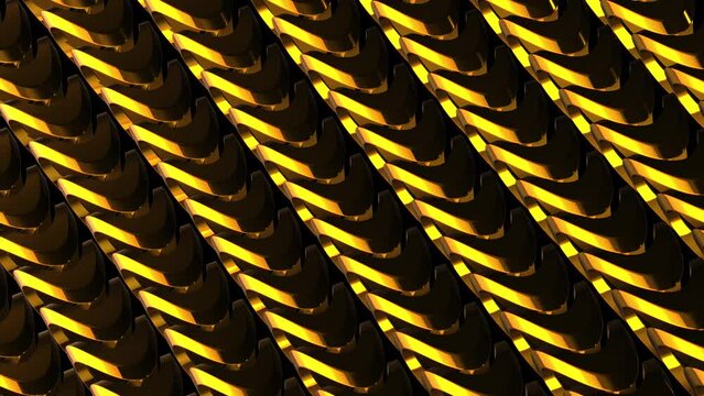 Abstract wavy moving golden metallic shapes animation. Metal elements forming interresting surface pattern. Seamless looping animation.