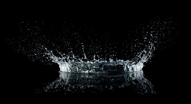 Water splash isolated on black background. Water crown splash. On black background. Side view.