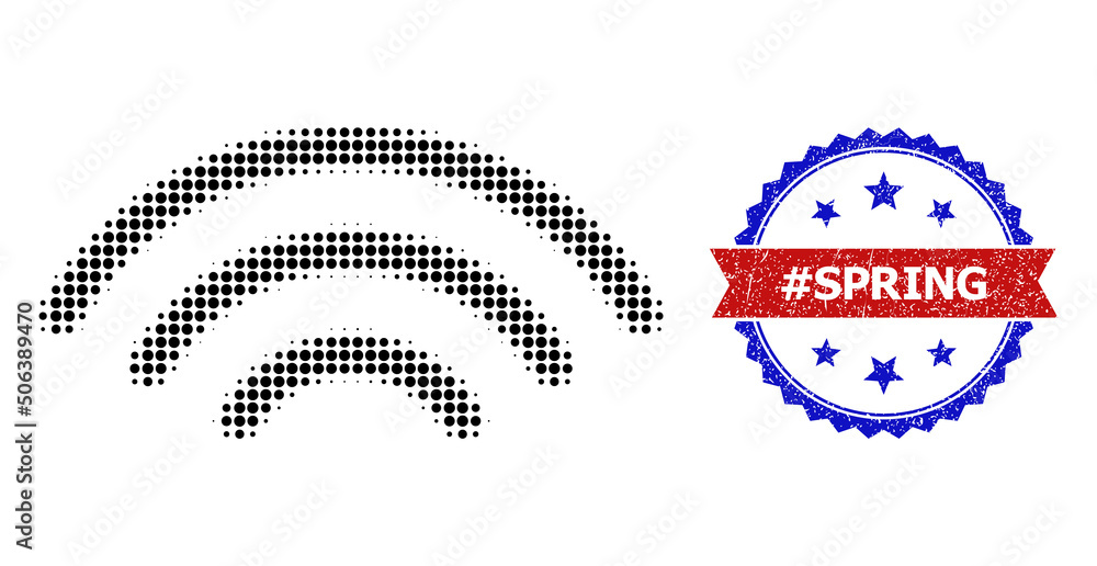 Poster halftone broadcasting source icon, and bicolor dirty #spring seal stamp. halftone broadcasting sourc