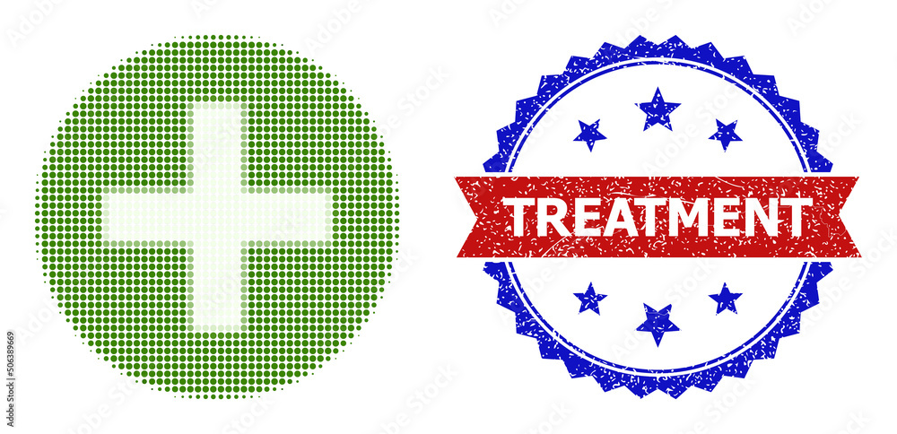 Poster halftone plus icon, and bicolor scratched treatment seal. halftone plus icon is designed with small 