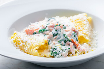 pasta with creamy salmon sauce with spinach