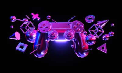 Gamepad with abstract geometric 
elements on dark background. 3d rendering illustration.