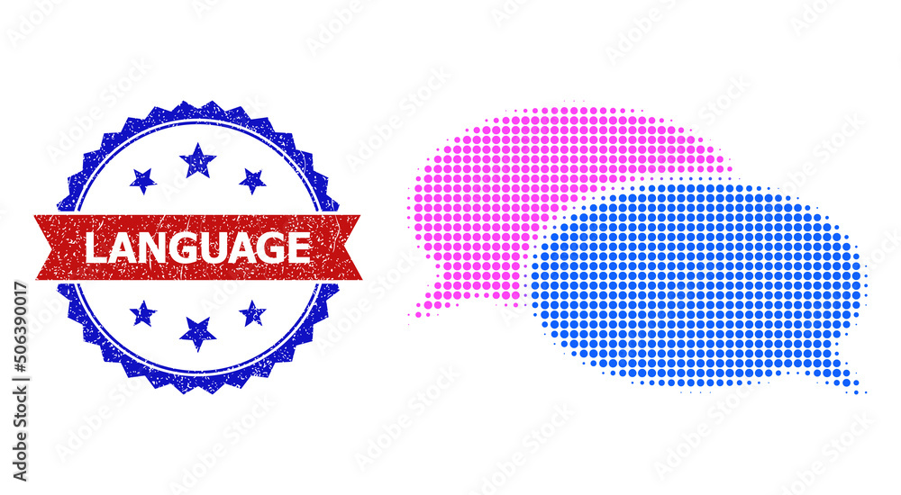Poster halftone forum messages icon, and bicolor unclean language watermark. halftone forum messages icon i