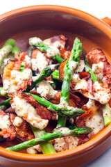 green asparagus with bacon and mustard sauce