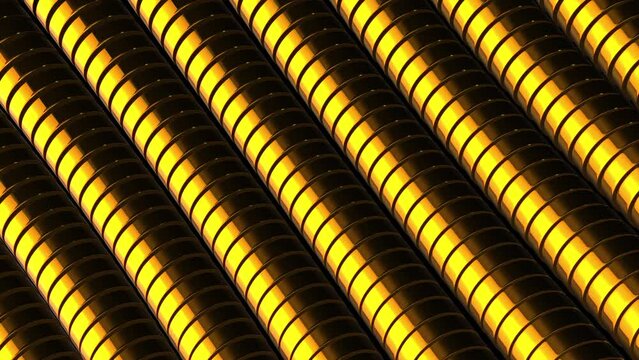 Abstract wavy moving golden metallic shapes animation. Metal elements forming interresting surface pattern. Seamless looping animation.