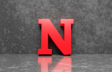 Red letter N on concrete wall an floor background series 3D render