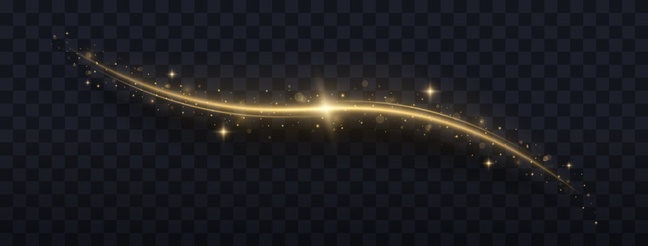 Golden sparkling light trail. Magic light trail of glittering comet tail. Shimmering golden wave with glitter.