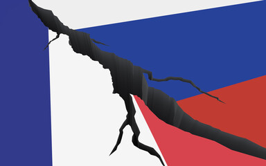 Flags of the Russian Federation and France on background of the cracks. Crisis in relations between countries. War, sanctions, conflict, embargo. 3d render