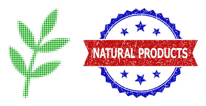 Halftone plant sprout icon, and bicolor grunge Natural Products stamp. Halftone plant sprout icon is generated with small round dots. Vector seal with grunge bicolored style,