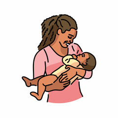 Cute african american mother with baby color line illustration