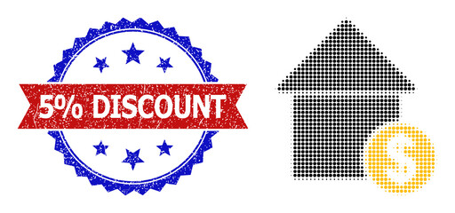 Halftone mortgage cost icon, and bicolor grunge 5% Discount watermark. Halftone mortgage cost icon is made with small round dots. Vector watermark with unclean bicolored style,