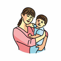 Cute asian mother with baby color line illustration