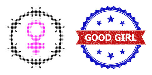 Halftone female jail icon, and bicolor grunge Good Girl seal stamp. Halftone female jail icon is made with small spheric dots. Vector seal with grunge bicolored style,