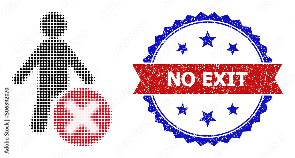 Poster halftone delete man icon, and bicolor scratched no exit watermark. halftone delete man icon is gener