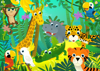 cartoon scene with jungle animals together illustration