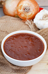 South African favorite, monkey gland sauce. A flavorful mixture of onions and pantry ingredients for any meat or barbeque.