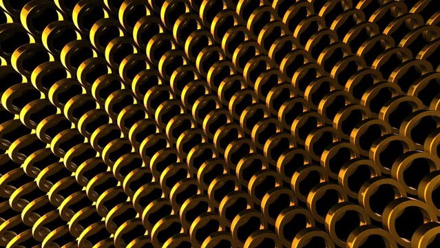 Abstract wavy moving golden metallic shapes animation. Metal elements forming interresting surface pattern. Seamless looping animation.