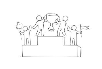 Sketch of little people stands on pedestal.