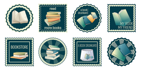 Collection stamps with illustration of books. Bookstore, bookshop, library, book lover, education concept. Vector illustration perfect for design of bookstore or library, decoration of book, label. - obrazy, fototapety, plakaty