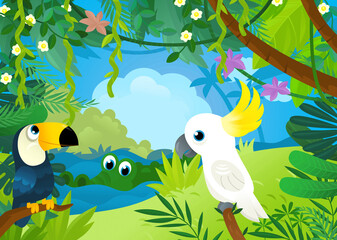 cartoon scene with jungle animals being together illustration