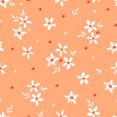 Simple calm floral vector seamless pattern. Small white flowers, red dots on a pink background. For fabric prints, textiles.