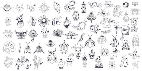 Mystic vector items, moon, hands, crystals, planets. Doodle astrology style. Doodle esoteric, boho mystical hand drawn elements. Magic and witchcraft, witch esoteric alchemy. Set sketches vector icons - obrazy, fototapety, plakaty