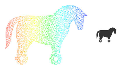 Spectral vibrant network wheeled horse. Vector model is based on wheeled horse icon. Vibrant carcass mesh icon.